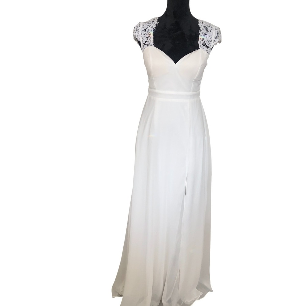 Lulus Momentous Moments White Lace Cap Sleeve Open Back High Slit Maxi Dress S